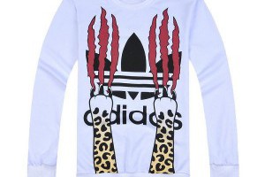 adidas t恤 2014新品熱賣 豹紋尖爪三葉草印花男生圓領長袖 白色