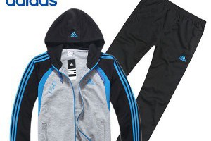 adidas外套 2014新品上市 條紋拼色刺繡男生連帽套裝 黑灰藍