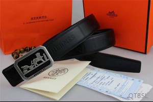 hermes皮帶 銀色愛馬仕LOGO扣頭 黑色印花時尚百搭款