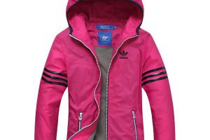 adidas外套 三葉草條紋加厚女生連帽風衣外套 2016款玫紅色